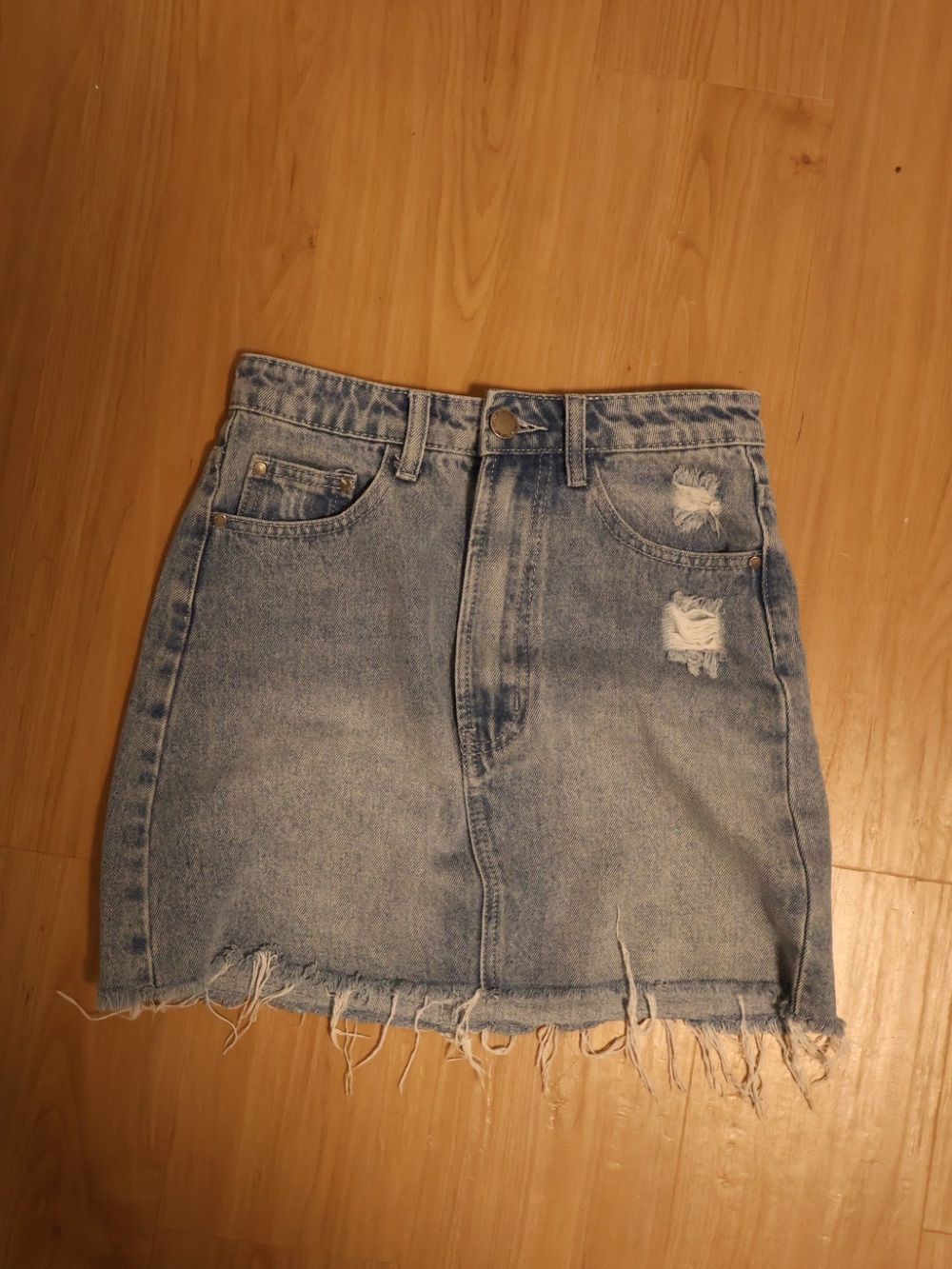 Light Wash Distressed Denim Mini Skirt - Casual Everyday Style